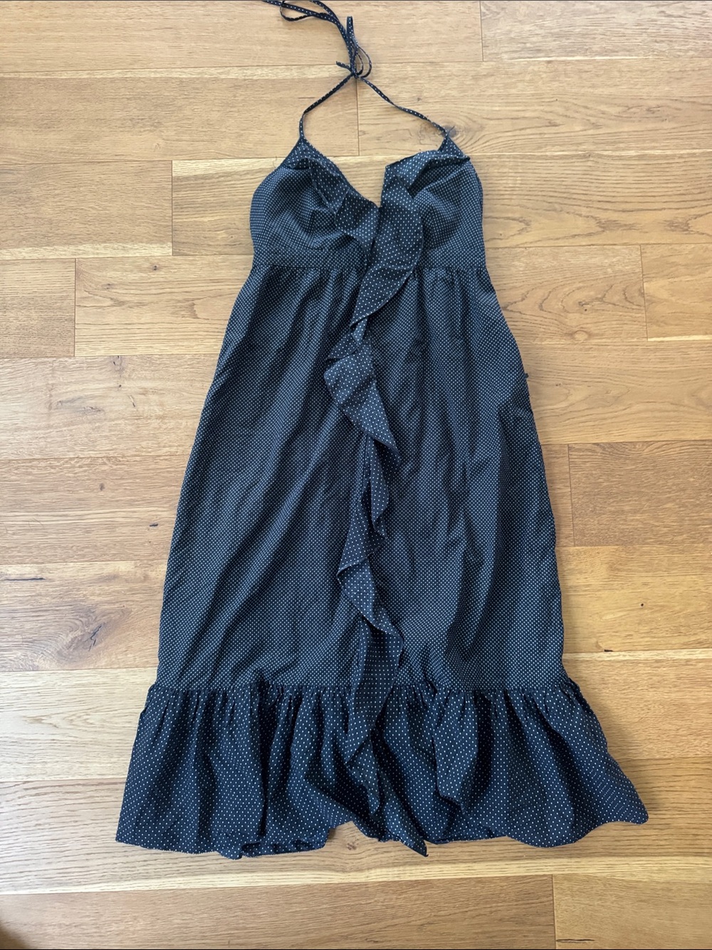 J. Crew Black Polka Dot Halter Ruffle Midi Dress